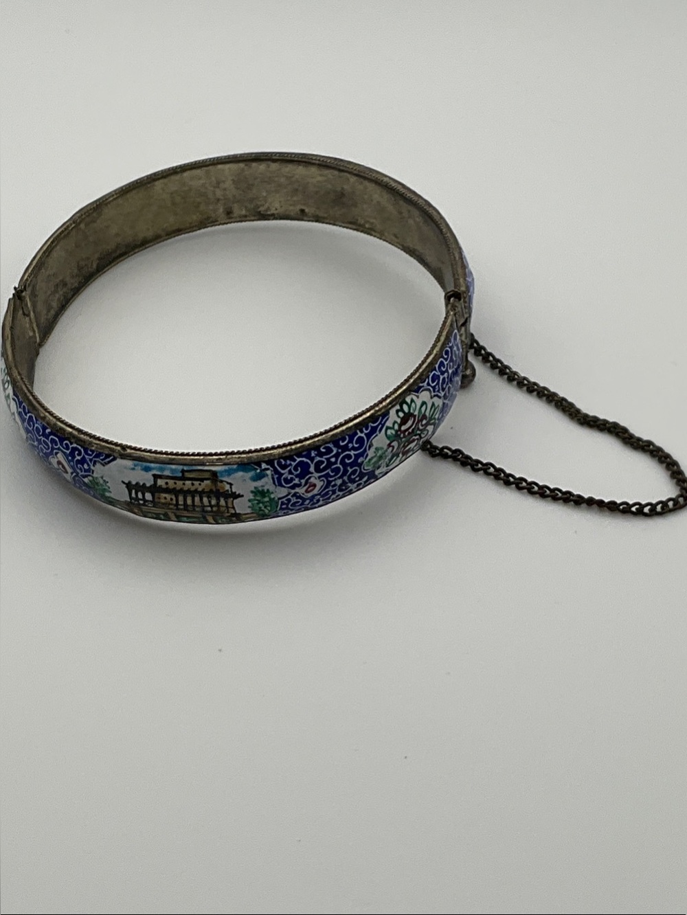 Vintage Blue Cloisonné Enamel Hinged Bangle Bracelet